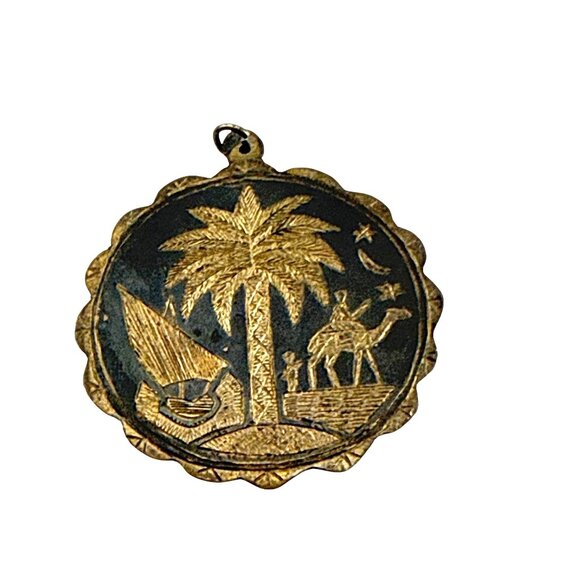 Vintage Middle Eastern Brass Pendant Palm Tree Camel Dhow Boat Desert Scene - Picture 3 of 4
